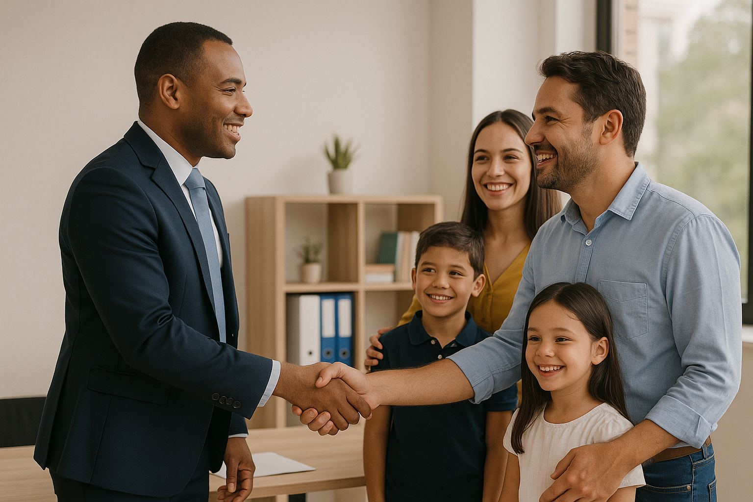 familia sonriendo saludando a ejecutivo 