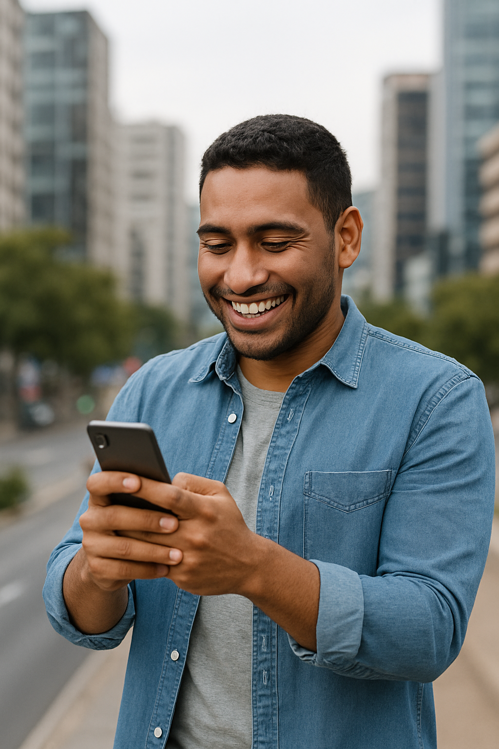 Hombre contento con celular 